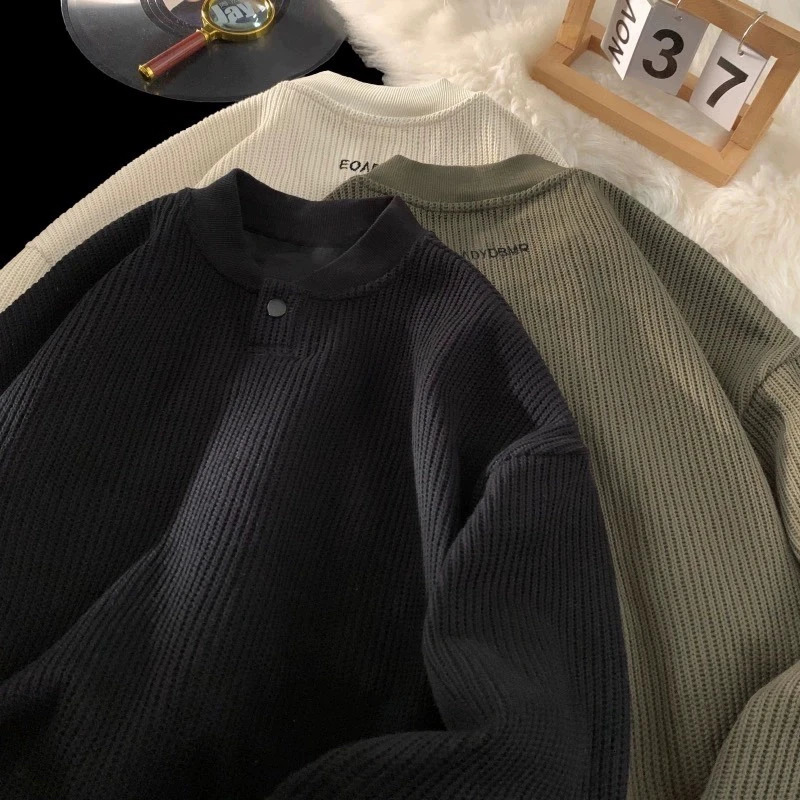 Winter Solid Color Mens Sweater Retro Lazy Style Pulling Flower Knitted Mens Loose Lace Sweater 240930