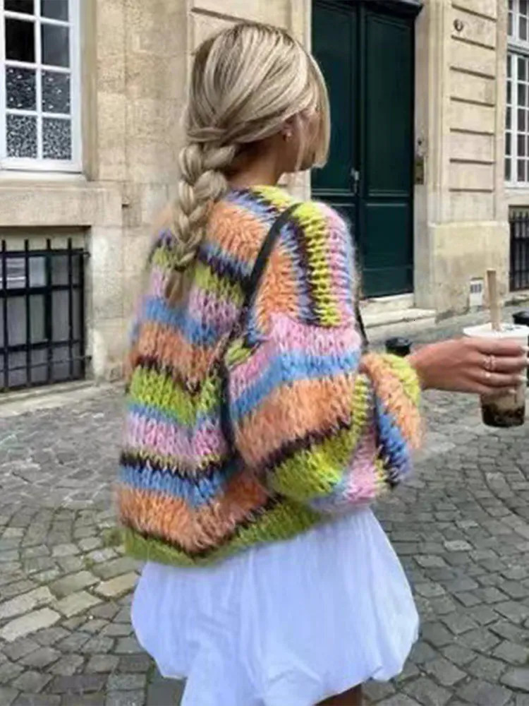 Fashion Striped Knitted Cardigan Women Elegant Long Sleeve Rainbow Color Loose Sweater 2024 Autumn Female High Streetwear 240924