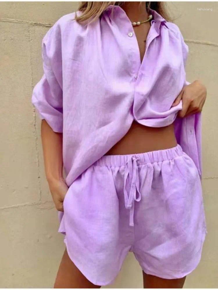 Women's Tracksuits Loose Shirt Two Piece Sets 2024 Women White Clothes Set Half Sleeve V- Neck Button-up Drawstring Shorts For