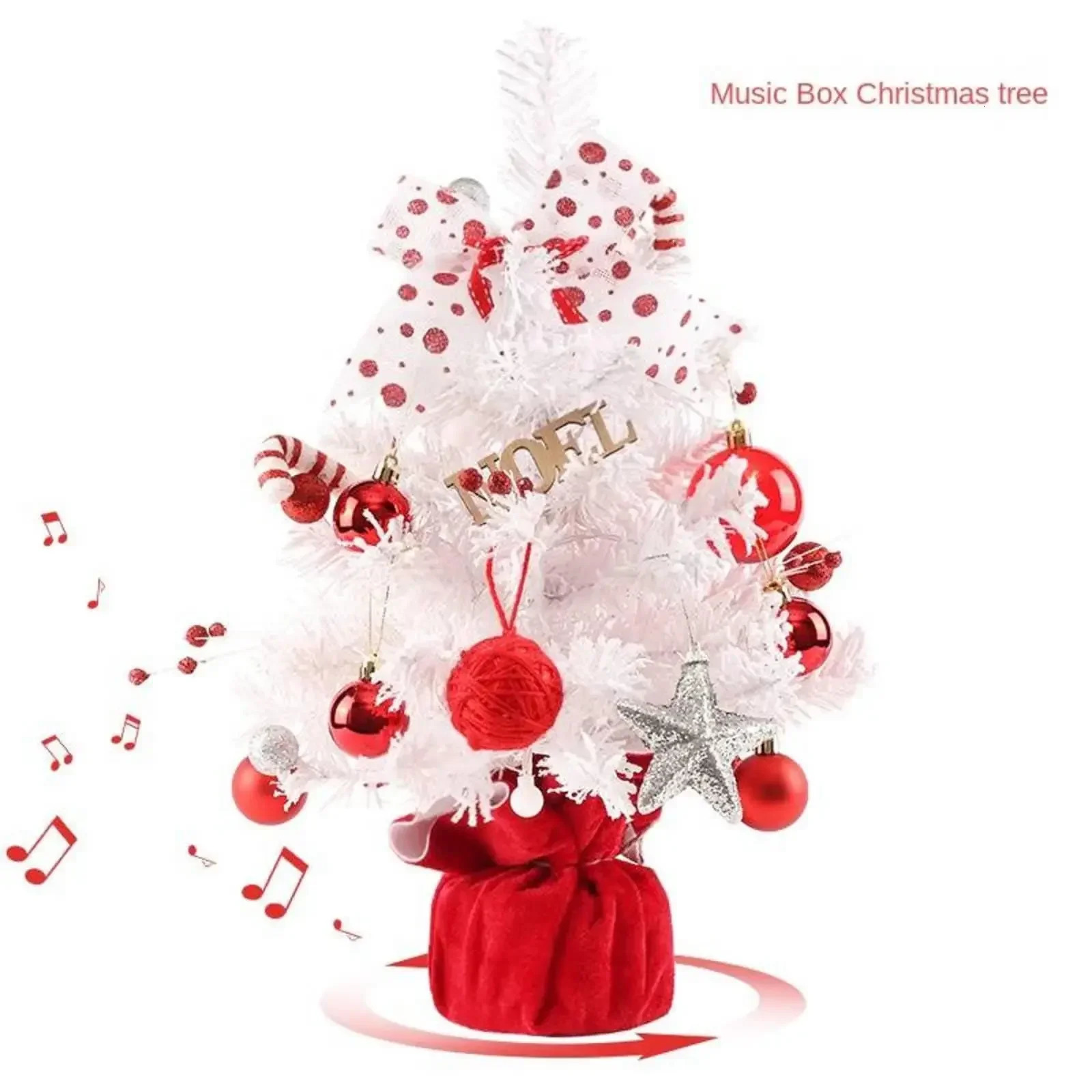 Red and white rotating music box desktop mini tree set decoration Christmas gift 240924