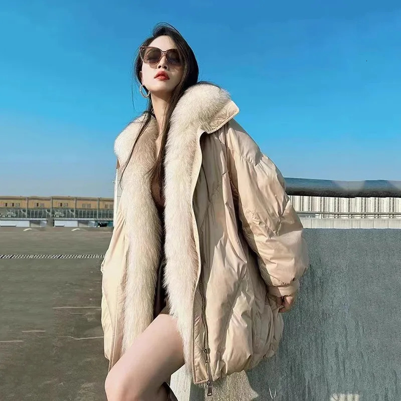 Womens Down Jacket Coat Fox Fur Collar Fashion Park Thickened Warm Medium Length Winter Coat Womens 240926