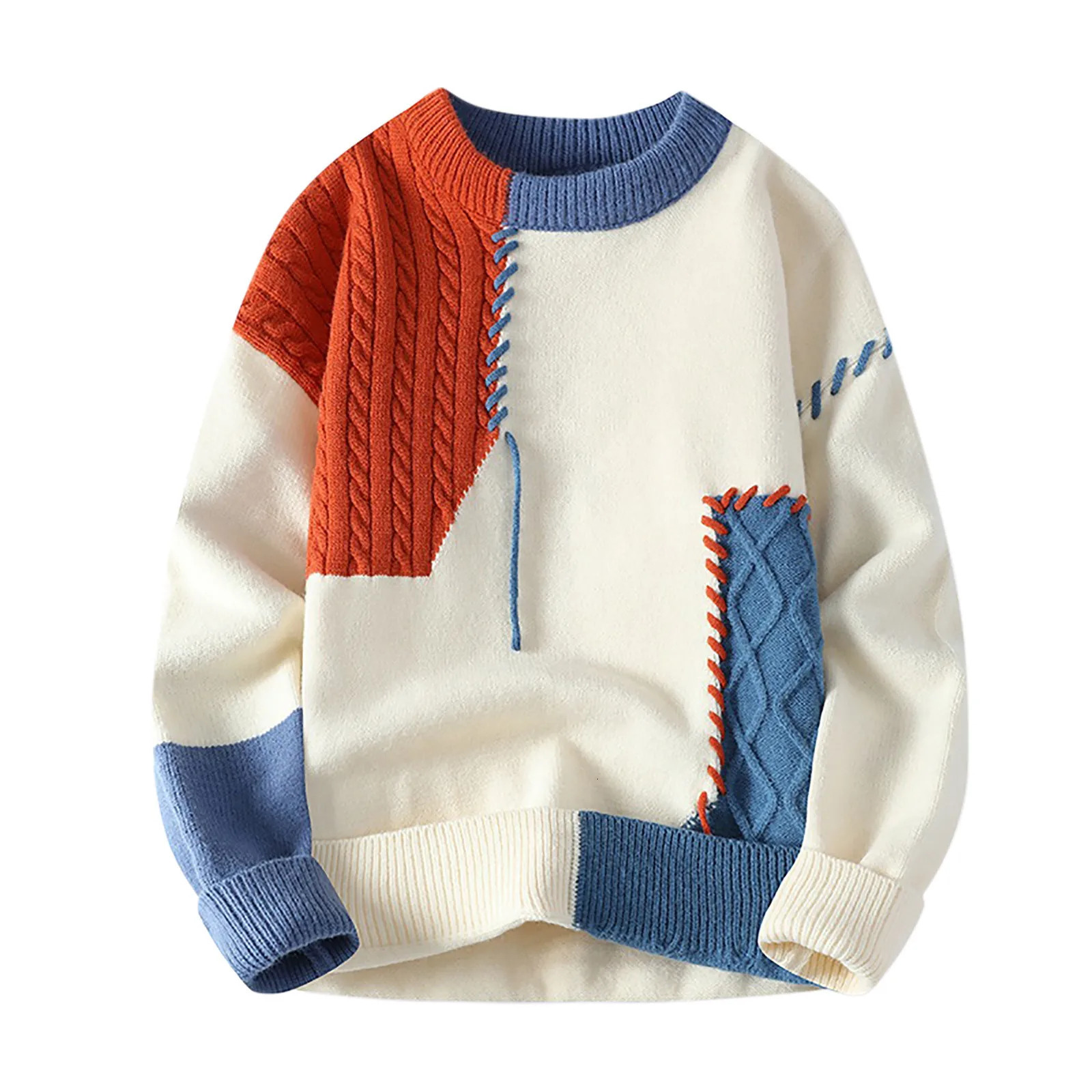 Autumn and winter mens colored blocking sweater mens knitted pull-out O-neck knitted sweater warm mens jumping casual sweater 240930