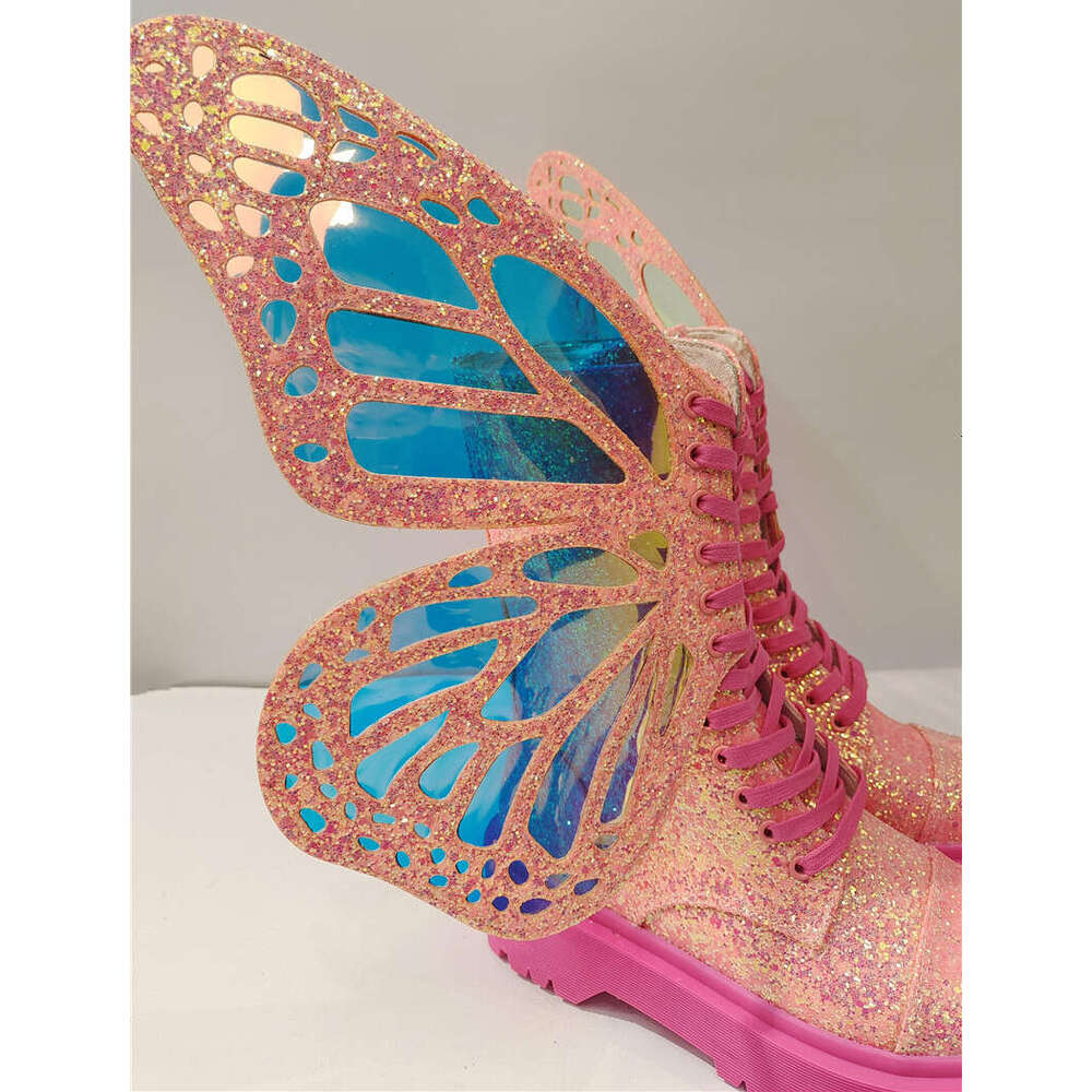 Butterfly Wings Women Ankle Boots Pink Riding Combat Boot Ladies Flat Rubber Botas Mujer Thick Sole Platform Shoes