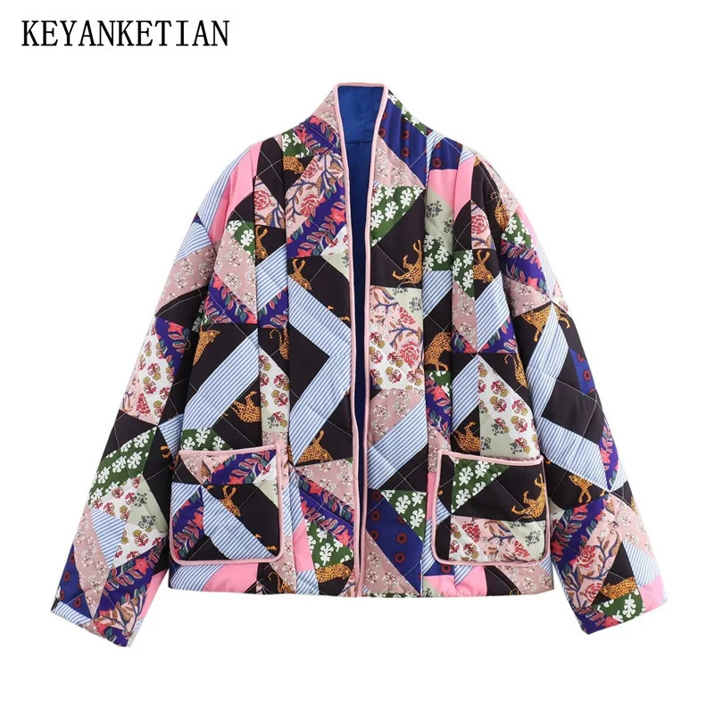 KEYANKETIAN 2024 AutumnWinter Womens Geometric Totem Print Quilted Outwear Jacket Retro stylePockets Oversize Short Coat 240927