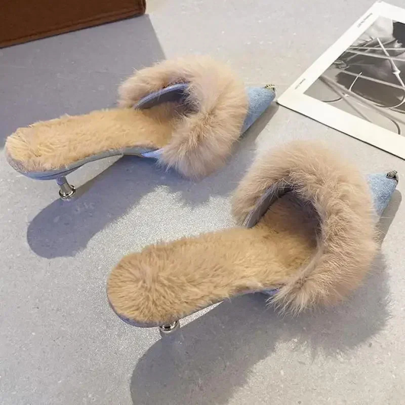 Fur slider mule angular toe elegant high heels womens autumn fur slider flip cover office space Ytmtloy indoor 240925