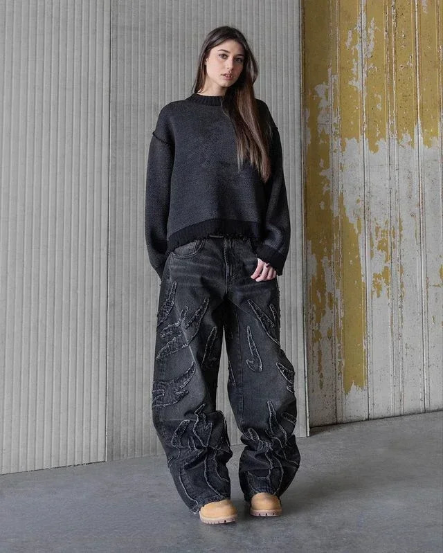 90s streetwear retro Hip Op flame embroidery loose high waisted mens jeans womens Y2K Shin Harajuku Gothic wide leg pants 240925