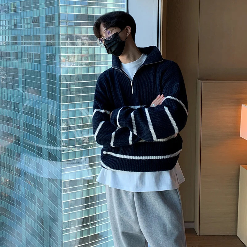 Mens autumn fashion trend lazy style paradigm striped sweater half zipper knitted jacket breathable casual youth 240930
