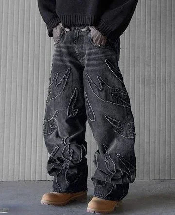 90s streetwear retro Hip Op flame embroidery loose high waisted mens jeans womens Y2K Shin Harajuku Gothic wide leg pants 240925