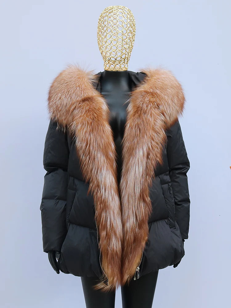 winter womens natural fox fur collar thick jacket hooded duck down jacket jacket womens loose fit 240926