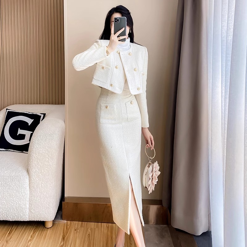 Small Fragrance Coarse Tweed Two-Piece Set Womens Elegance Temperament O-Neck Short Coat+Split Skirts Spring Autumn Suits New