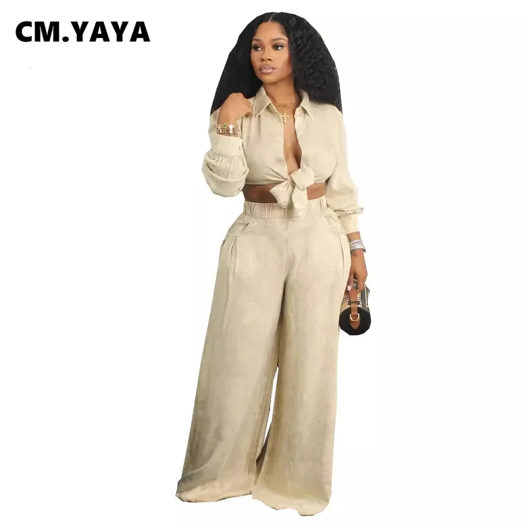 CM YAYA Womens Set with Lace up Long Sleeve Shirt and Pocket Loose Wide Leg Pants Autumn Street Two Piece 240929