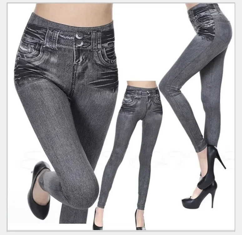 Legging Fashion Faux Denim Jeans Leggings Sexy Long Pocket Printing Summer Casual Pencil Black Pants Plus 240924