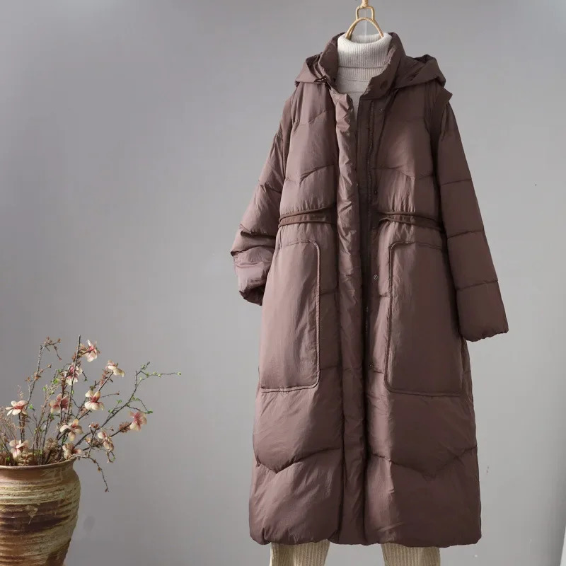 Winter White Duck Down Womens Hooded Loose Long Coat European Fashion Warm Womens Chiffon Coat 240926