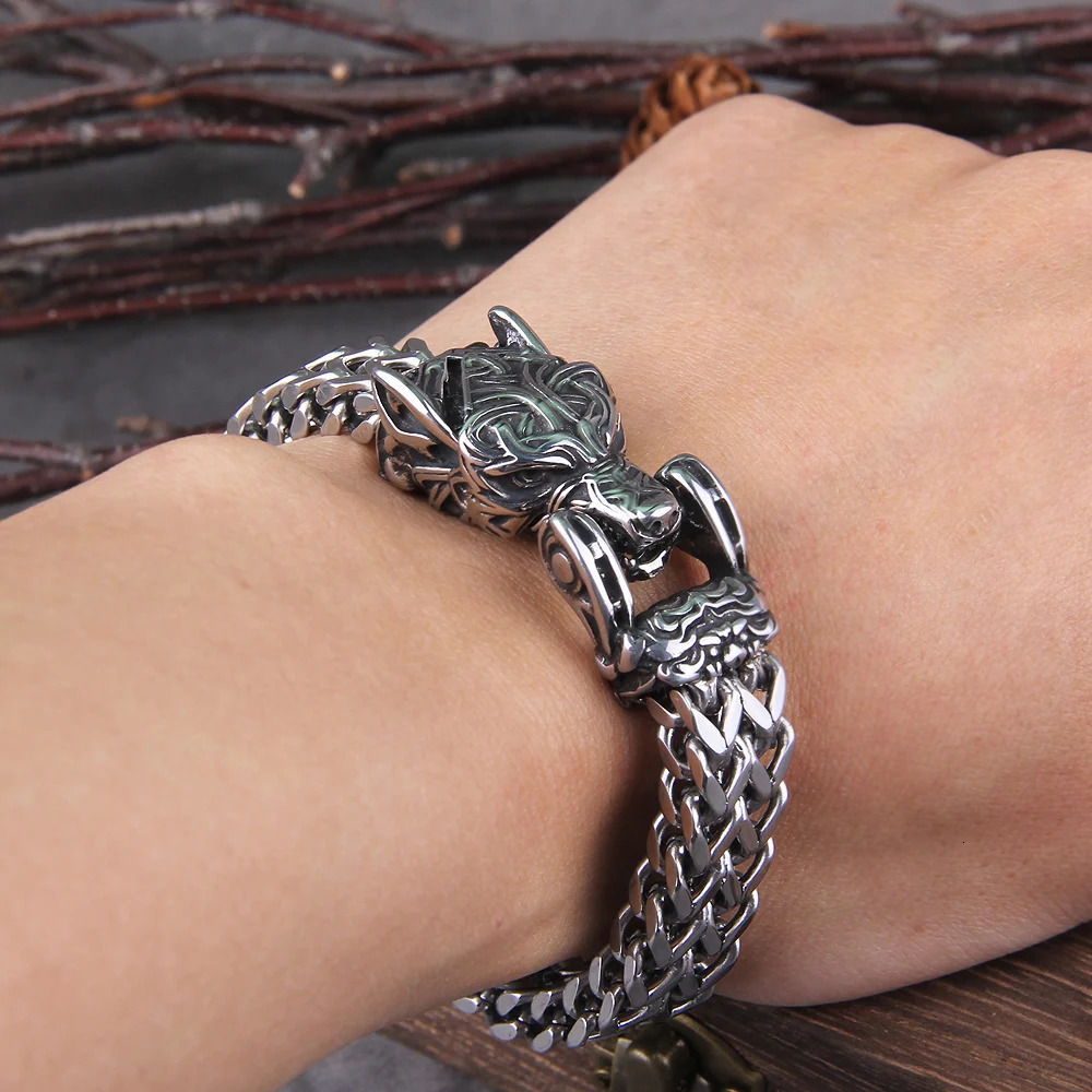 Never Fade Rock Viking Wolf Bracelet Mens Stainless Steel Mesh Chain Can Open Wolf Mouth Punk Bracelet Bicycle Jewelry 240925