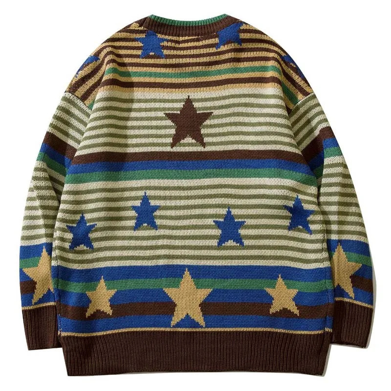 Harajuku retro striped sweater mens star shaped pleated ultra-fine knitted sweater autumn and winter street clothing couple set unisex 240930