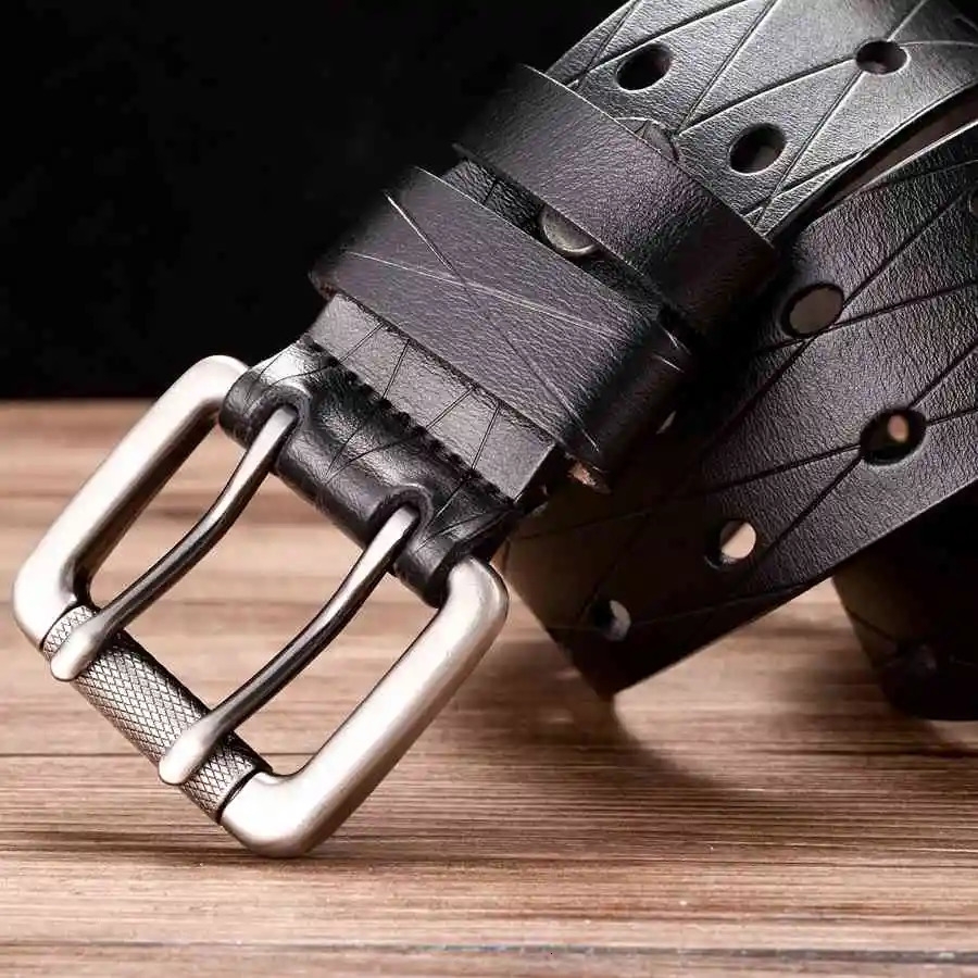 Mens leather double wishbone belt classic pin buckle belt universal hollow waist belt width 3.8cm 240925