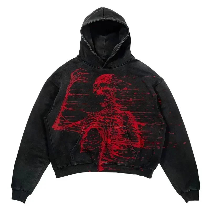 Couples Hip-hop Retro Street Loose Oversized Hoodies Harajuku Y2k Punk Wind Skull Printed Cotton Hoodies Sweatshirt Gothic Top 240930 - view 4