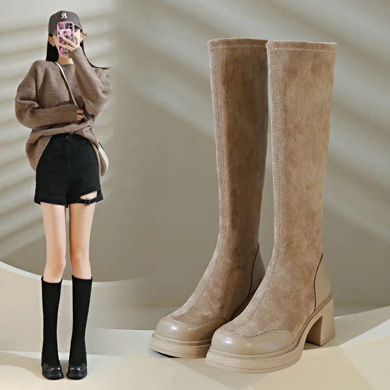 Large Size 34-43 Women Shoes Round Toe Womens Knee-High Comfortab Square Heel High Boots Bota Camurca Cano Longo 241101