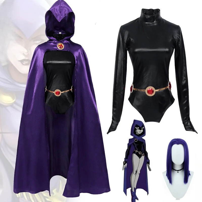 Raven Cosplay Costume Anime Teen Titan Superhero Cos jumpsuit Cloak Belt Set Womens Black Tight Wig Carnival Party Uniform 240930