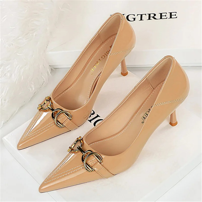 Women 7cm 10cm High Heels Wedding Bridal Replica Pumps Lady Scarpins Metal Chain Buckle Low Heels Stiletto Nude Green Prom Shoes 240924