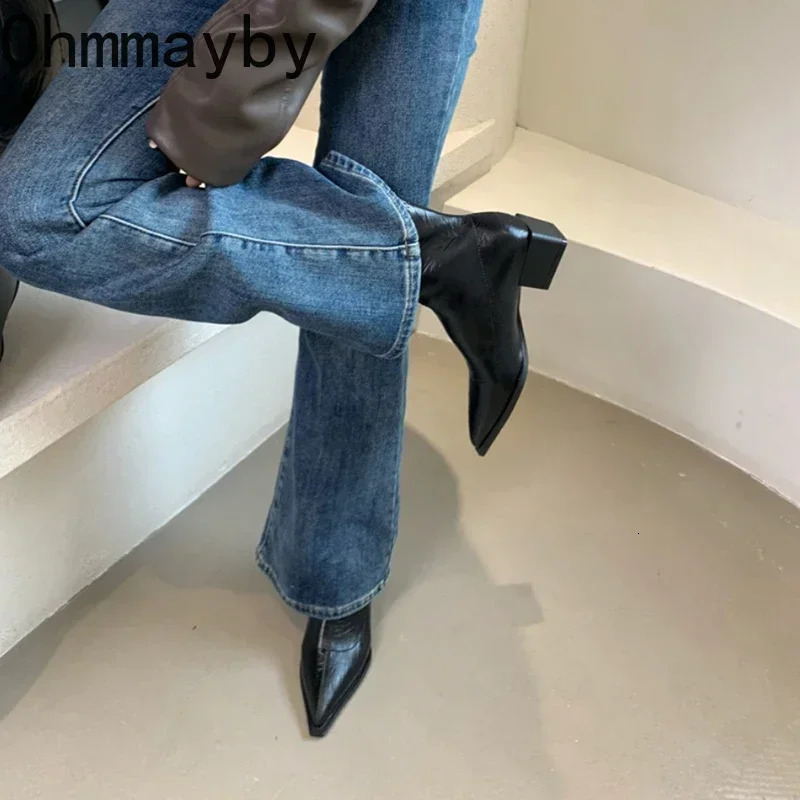 Pointed Toe Women Ankle Boots Fashion Thick Heel Slimming Short Booties Autumn Winter Soft Leather Female Shoes 240927 741a