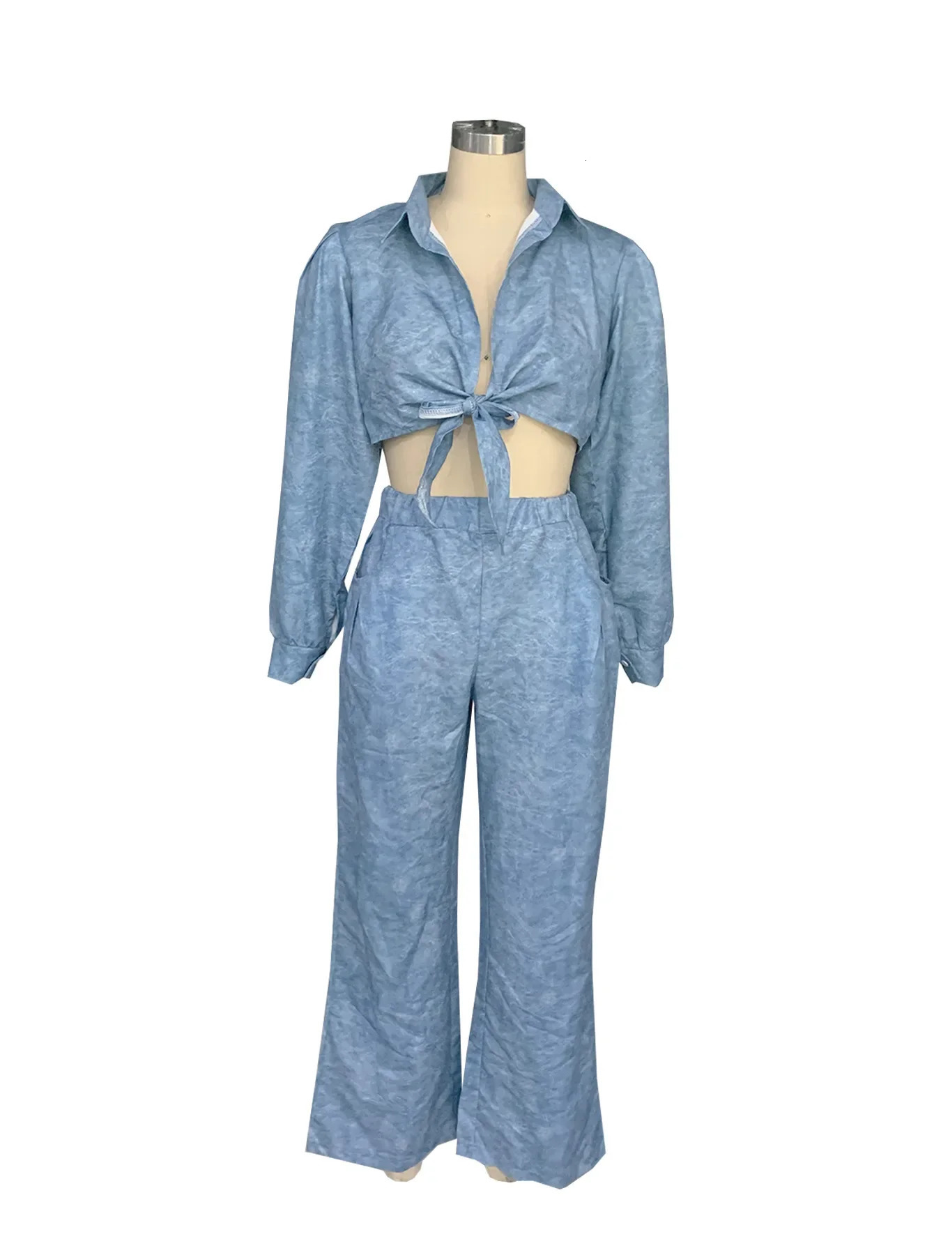 CM YAYA Womens Set with Lace up Long Sleeve Shirt and Pocket Loose Wide Leg Pants Autumn Street Two Piece 240929