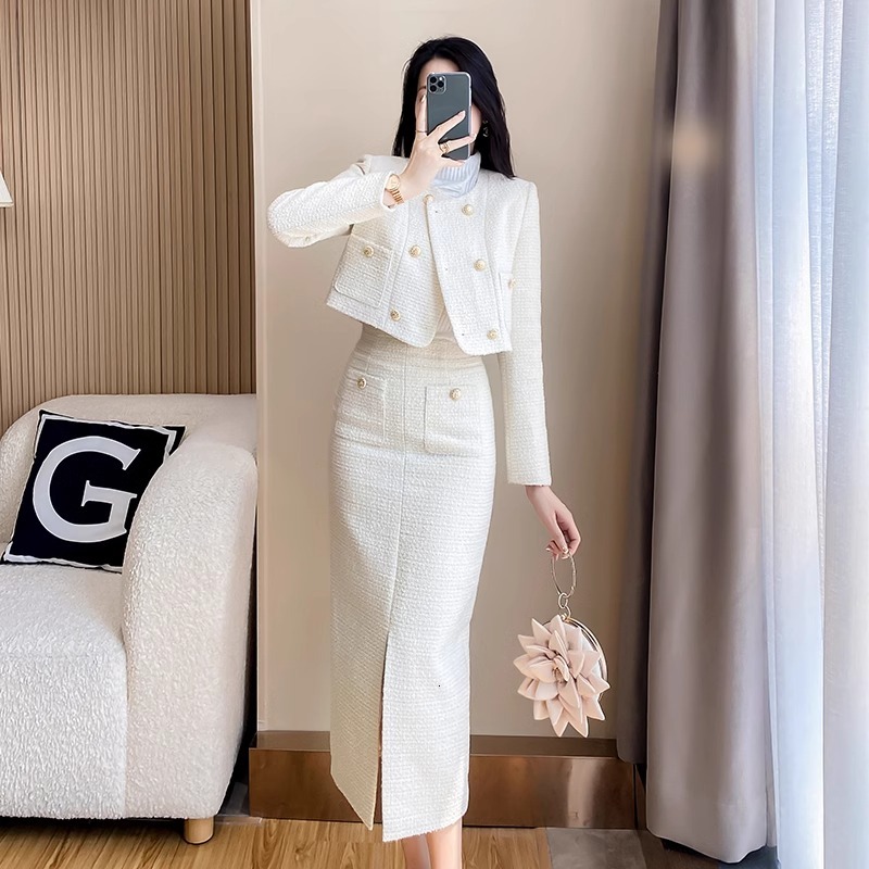 Small Fragrance Coarse Tweed Two-Piece Set Womens Elegance Temperament O-Neck Short Coat+Split Skirts Spring Autumn Suits New