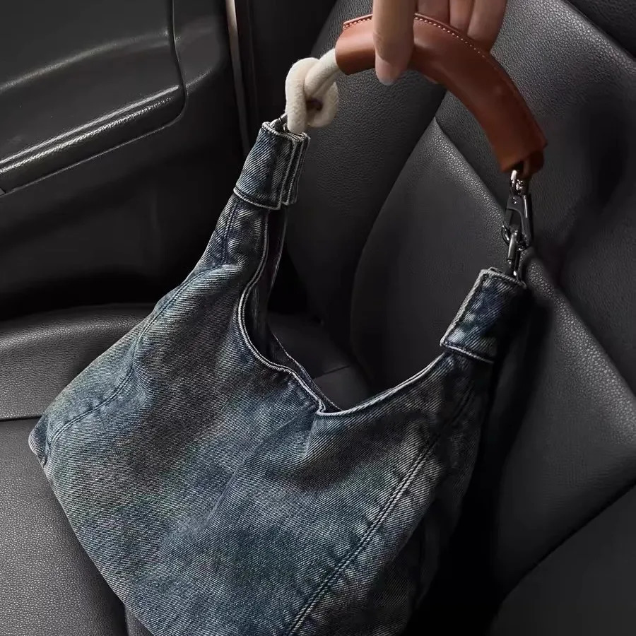retro denim shoulder womens leather handle underwear high-end casual handbag fashionable spicy girl homeless bag 240929 0fe2