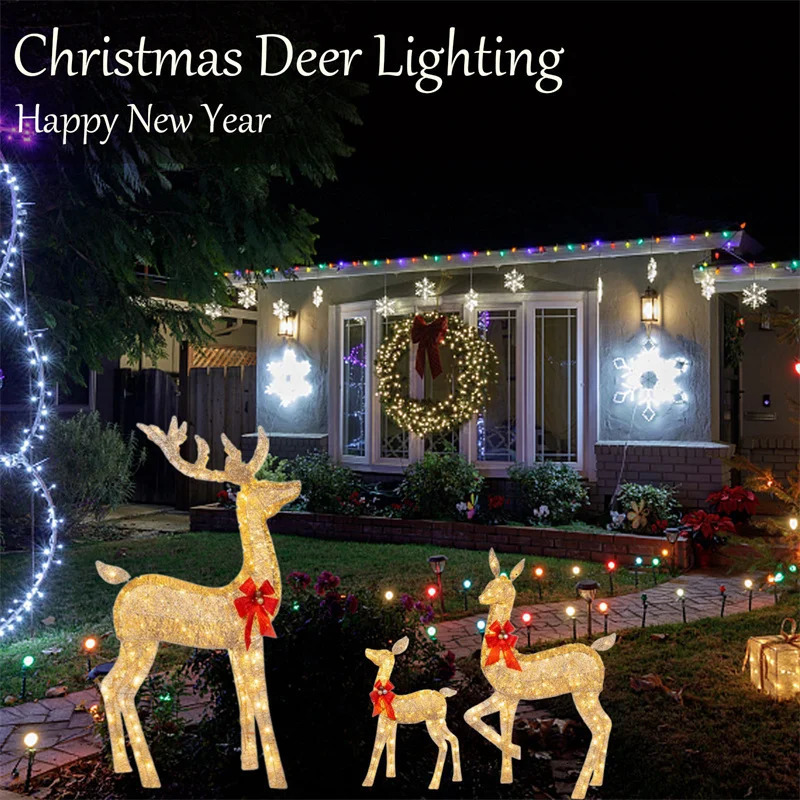 3 pieces of wrought iron garden LED lights emitting reindeer Christmas home outdoor courtyard decoration 240929