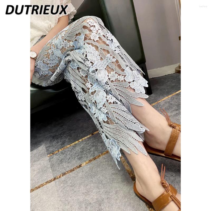 Womens Jeans Fashion Lace Stitching Wide Leg High Waist Casual Denim Pants Summer Slimming Straight-Leg Trousers