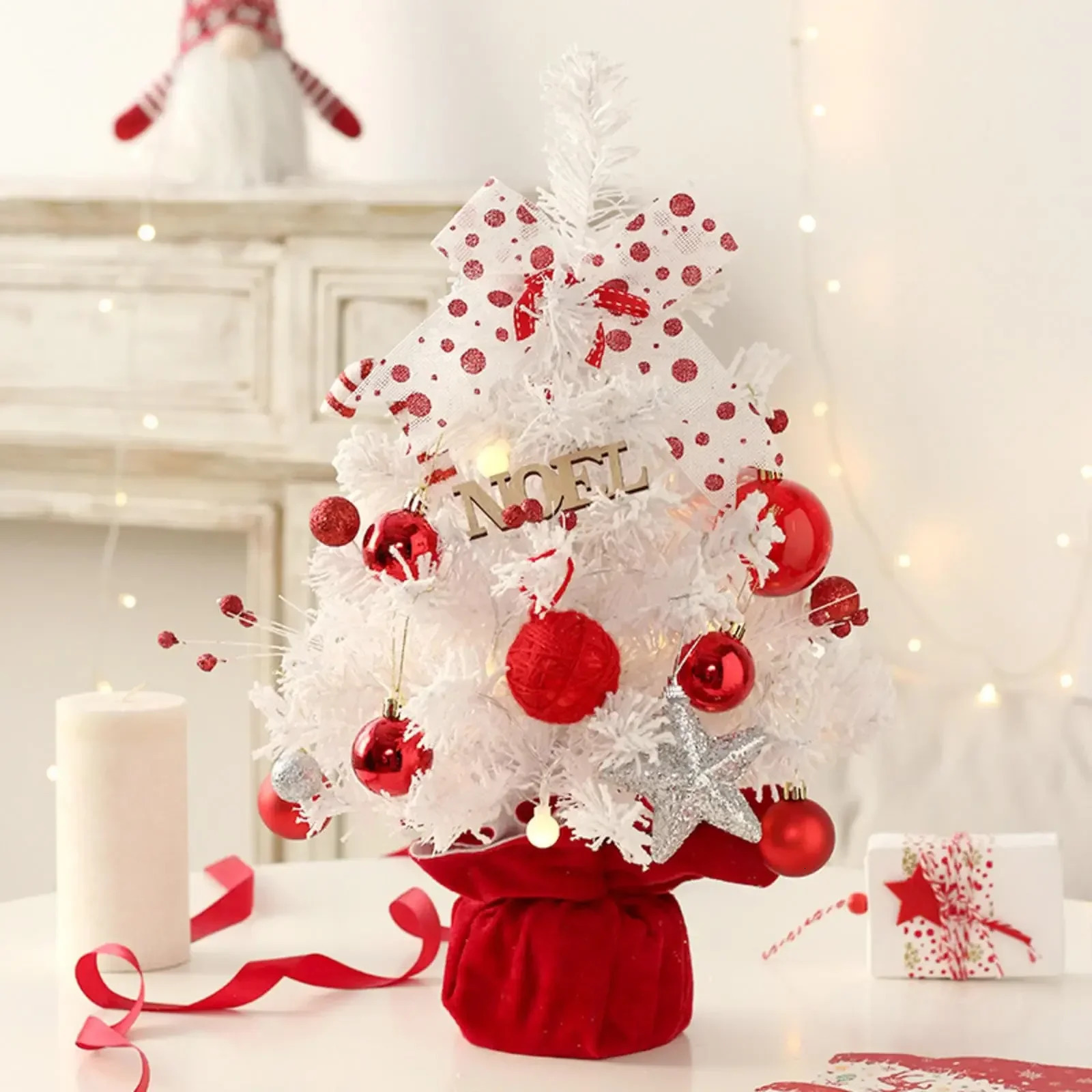 Red and white rotating music box desktop mini tree set decoration Christmas gift 240924