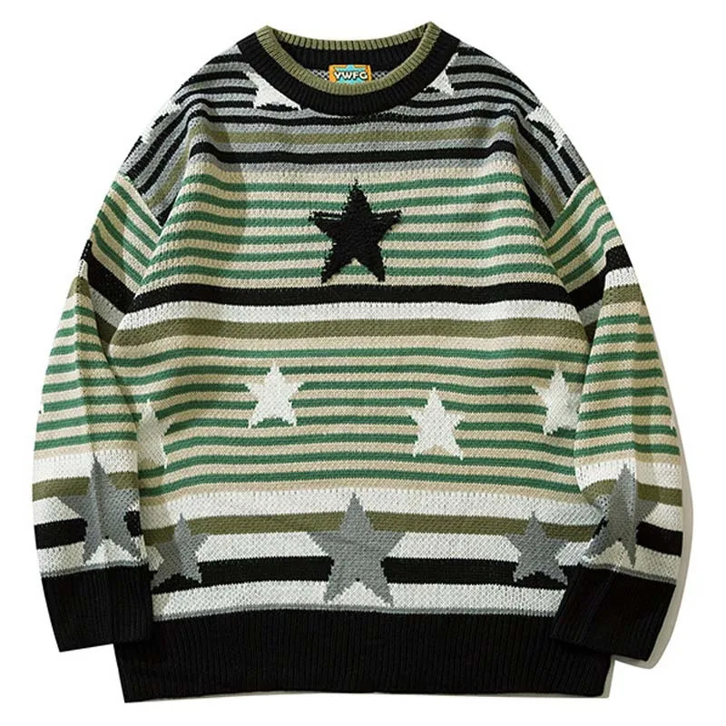 Harajuku retro striped sweater mens star shaped pleated ultra-fine knitted sweater autumn and winter street clothing couple set unisex 240930