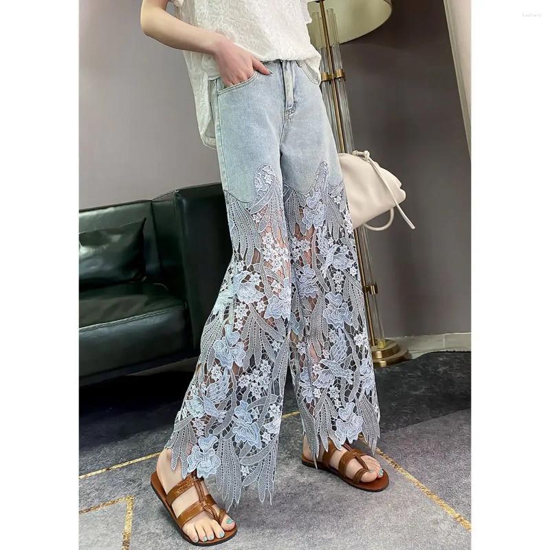 Womens Jeans Fashion Lace Stitching Wide Leg High Waist Casual Denim Pants Summer Slimming Straight-Leg Trousers