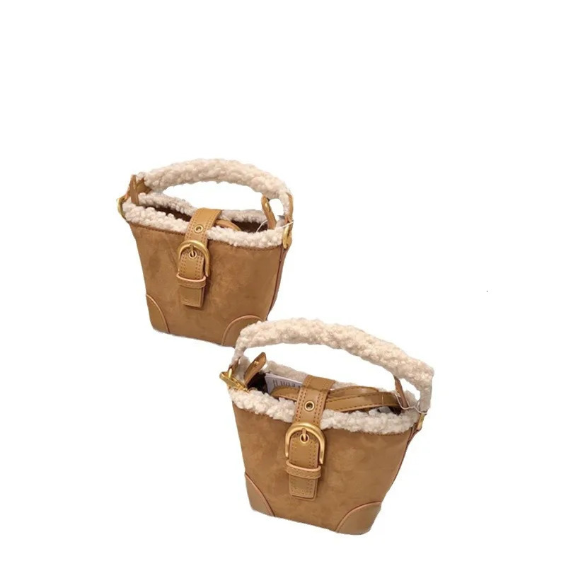 Vintage Suede Bucket Bags faux Lamb Wool Patchwork Handbags Retro Faux Fur Shoulder Crossbody Bag Small Tote Female Purses 240930