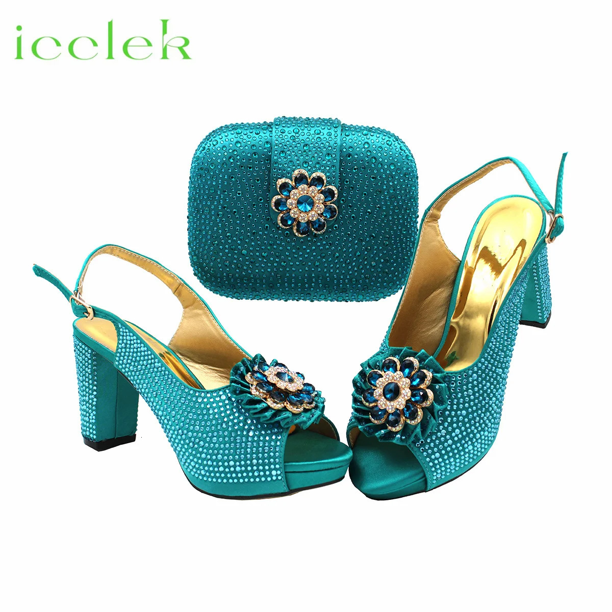 Teal Italian Summer Rhie Party Nigeria Womens Heels Fashion High Quality Wedding Shoes and Bag Set 240