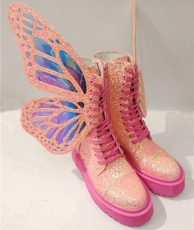Butterfly Wings Women Ankle Boots Pink Riding Combat Boot Ladies Flat Rubber Botas Mujer Thick Sole Platform Shoes