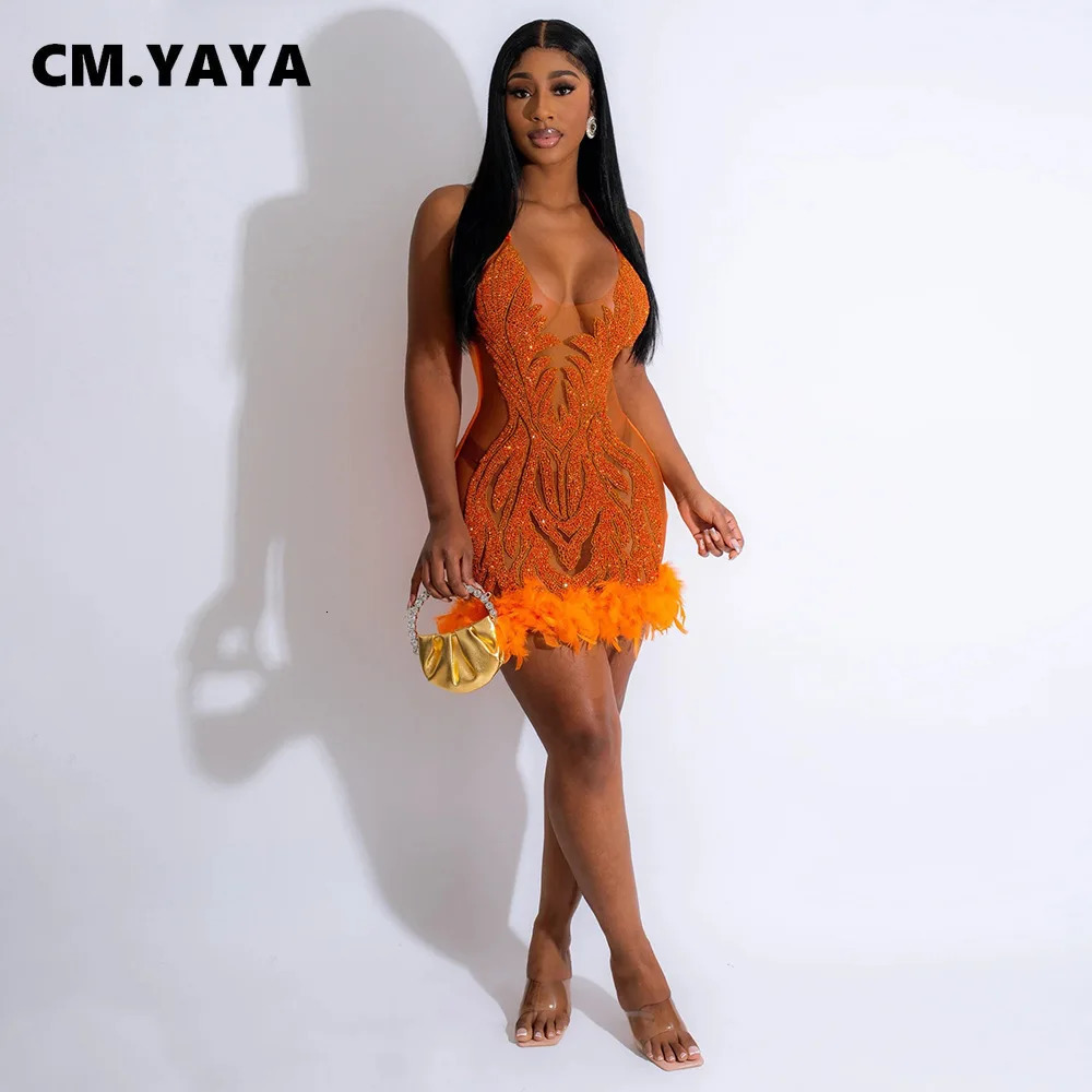 CM.YAYA Womens Sequeined See Through Feather Strap INS Bodycon Mini Dress Summer Sexy Night Party Club Ball Dress 240930