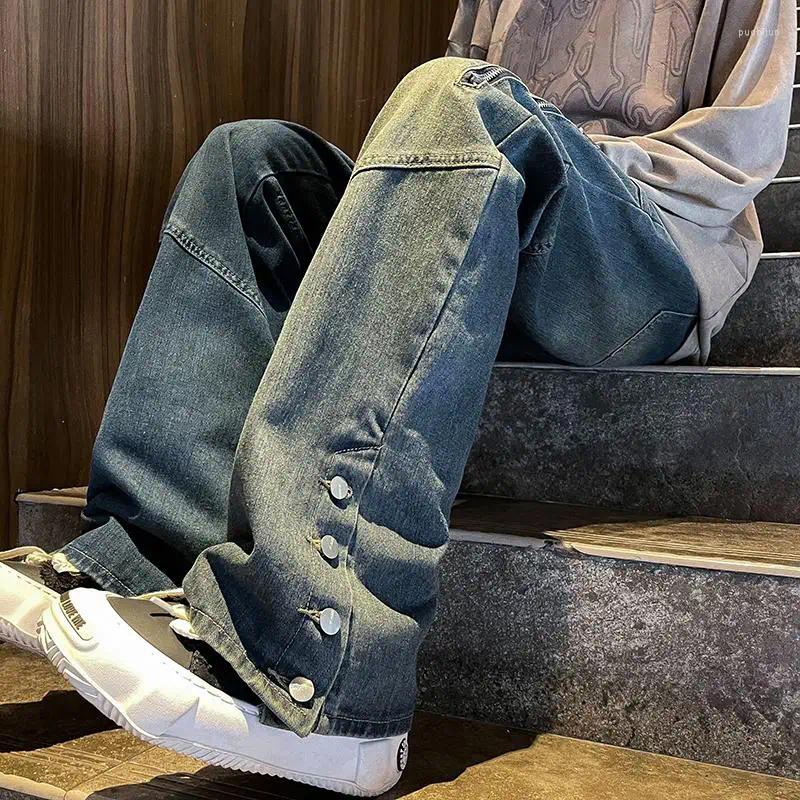 2025 S Fashion Designer Men S Jeans High Street Washed Hip Hop Streetwear Straight Leg Denim Jean Trendy Solid Color Trousers Haruku Male Bottoms