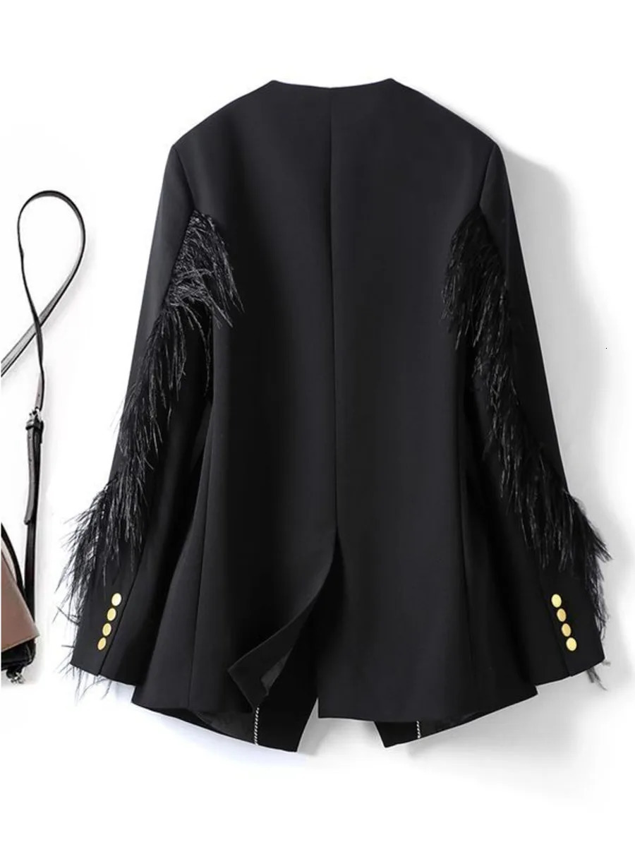 Woman Vintage V-collar Feather Tassel Stitching Blazer Coat Black Loose Suit Jacket Female Long Sleeve Fur Patchwork Outerwear 240920