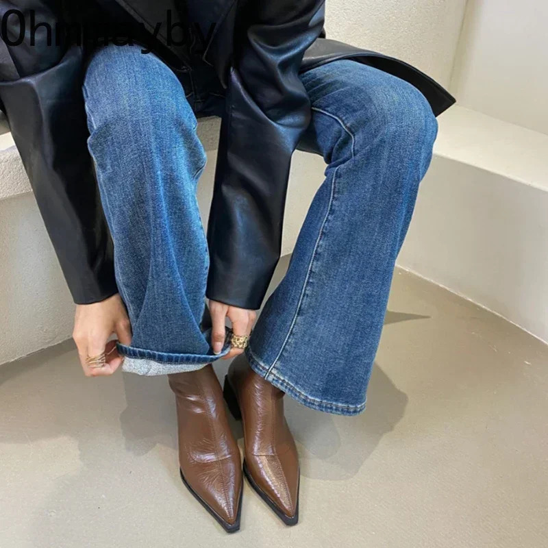 Pointed Toe Women Ankle Boots Fashion Thick Heel Slimming Short Booties Autumn Winter Soft Leather Female Shoes 240927 741a