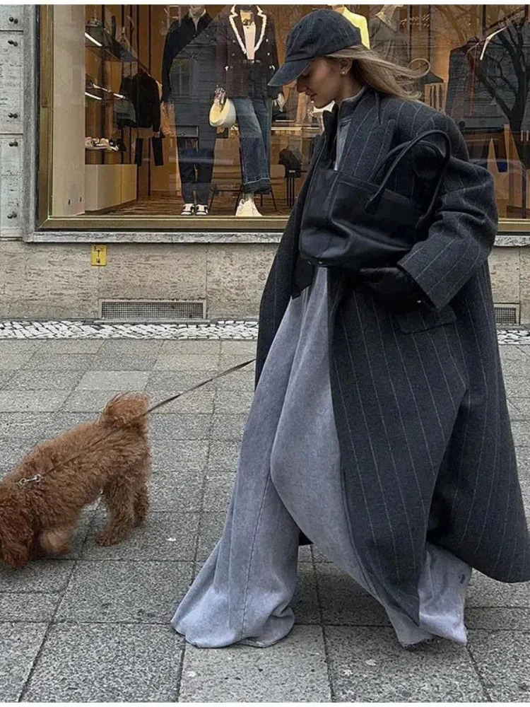 Casual Striped Woolen Long Coat Women Vintage Loose Lapel Single Button Coats With Pockets Female Autumn Chic Overcoat 240927