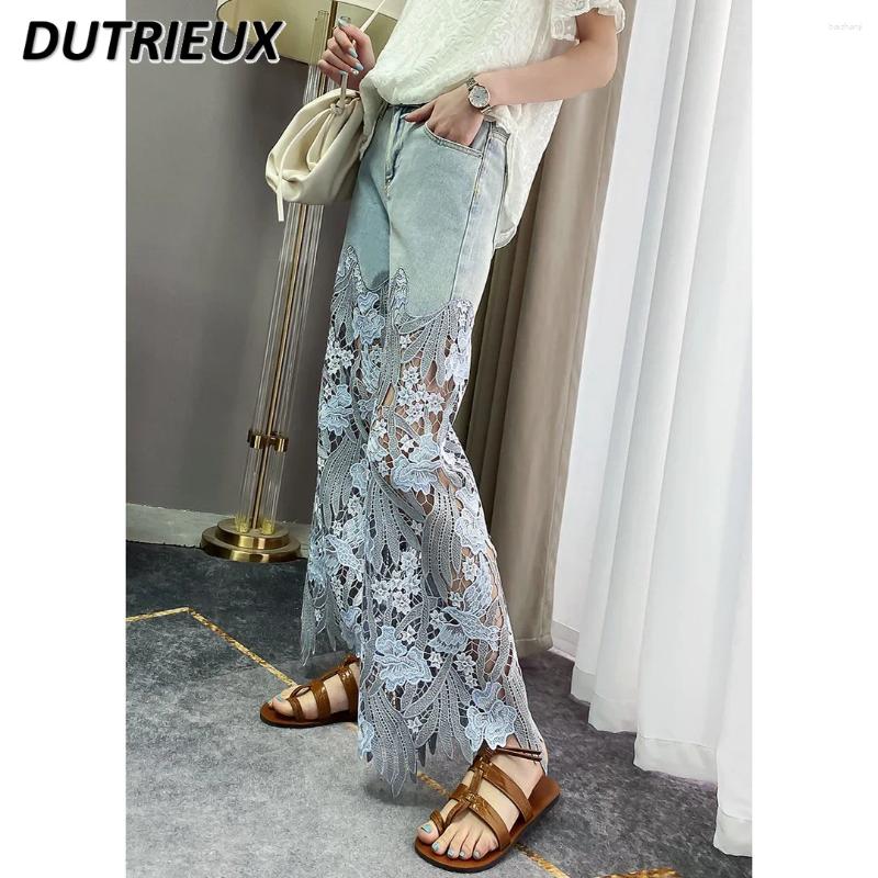 Womens Jeans Fashion Lace Stitching Wide Leg High Waist Casual Denim Pants Summer Slimming Straight-Leg Trousers
