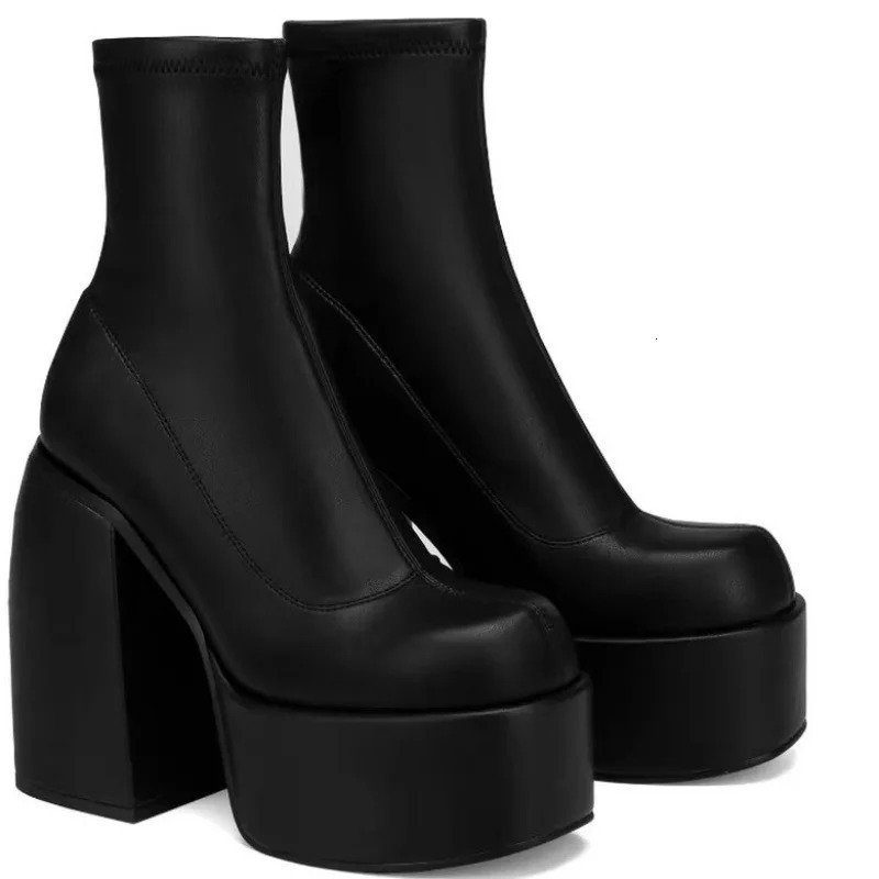 Womens fashion short sexy leather boots square toe zipper high heels casual thick soled womens shoes atos 240927 4