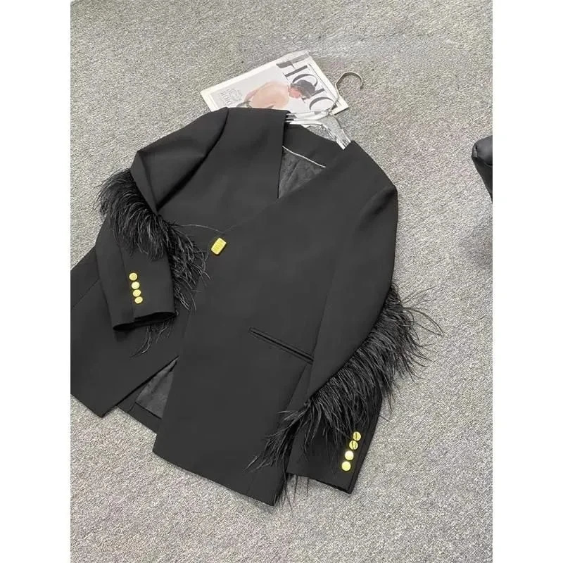 Woman Vintage V-collar Feather Tassel Stitching Blazer Coat Black Loose Suit Jacket Female Long Sleeve Fur Patchwork Outerwear 240920