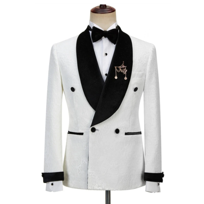Double Breasted Floral Suits for Men Wedding 2024 Black Velvet Shawl Lapel Groom Tuxedo Tailor made Suit Jacket with Pants