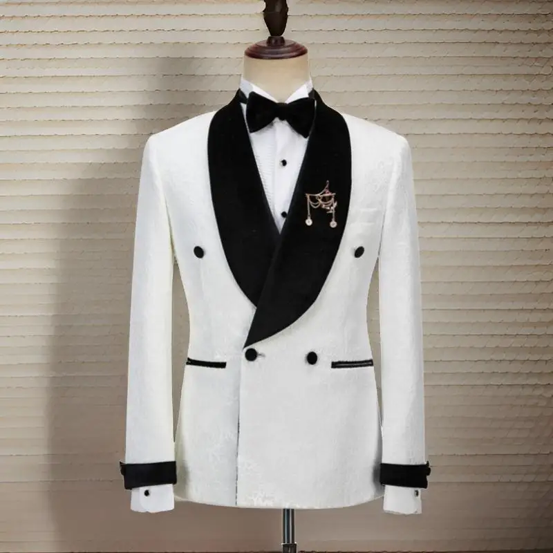 Double Breasted Floral Suits for Men Wedding 2024 Black Velvet Shawl Lapel Groom Tuxedo Tailor made Suit Jacket with Pants