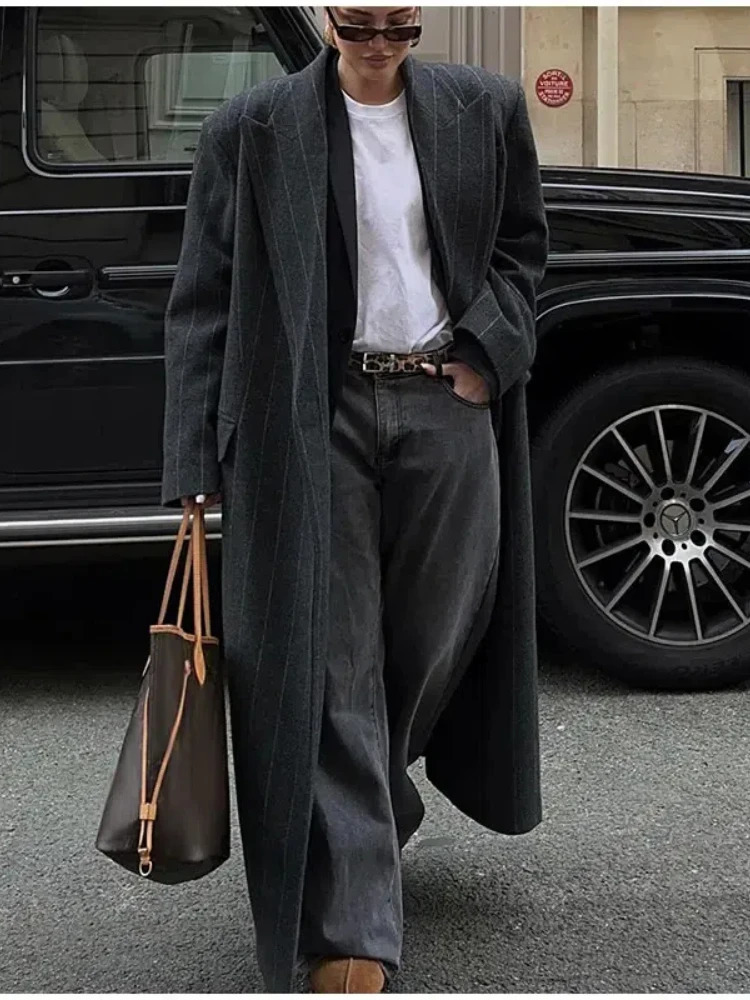 Casual Striped Woolen Long Coat Women Vintage Loose Lapel Single Button Coats With Pockets Female Autumn Chic Overcoat 240927