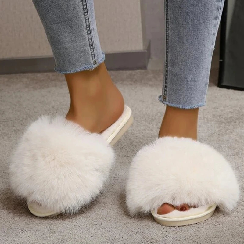 Womens Slippers Winter Simple Words Fur Apartment Soft Home Womens Slippers Artificial Fur Warm Bedroom Casual Womens Shoes 240925