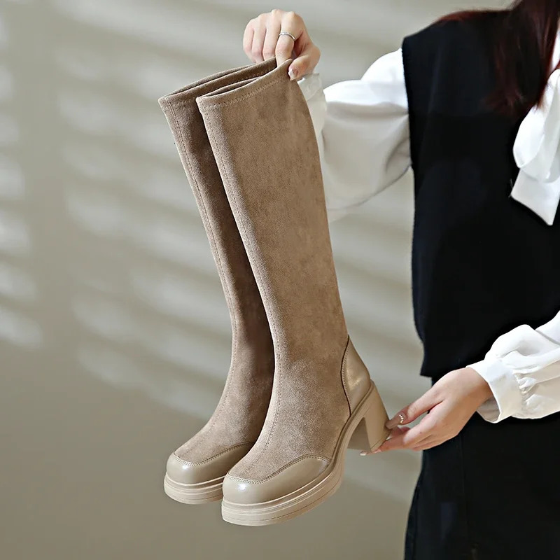 Large Size 34-43 Women Shoes Round Toe Womens Knee-High Comfortab Square Heel High Boots Bota Camurca Cano Longo 241101