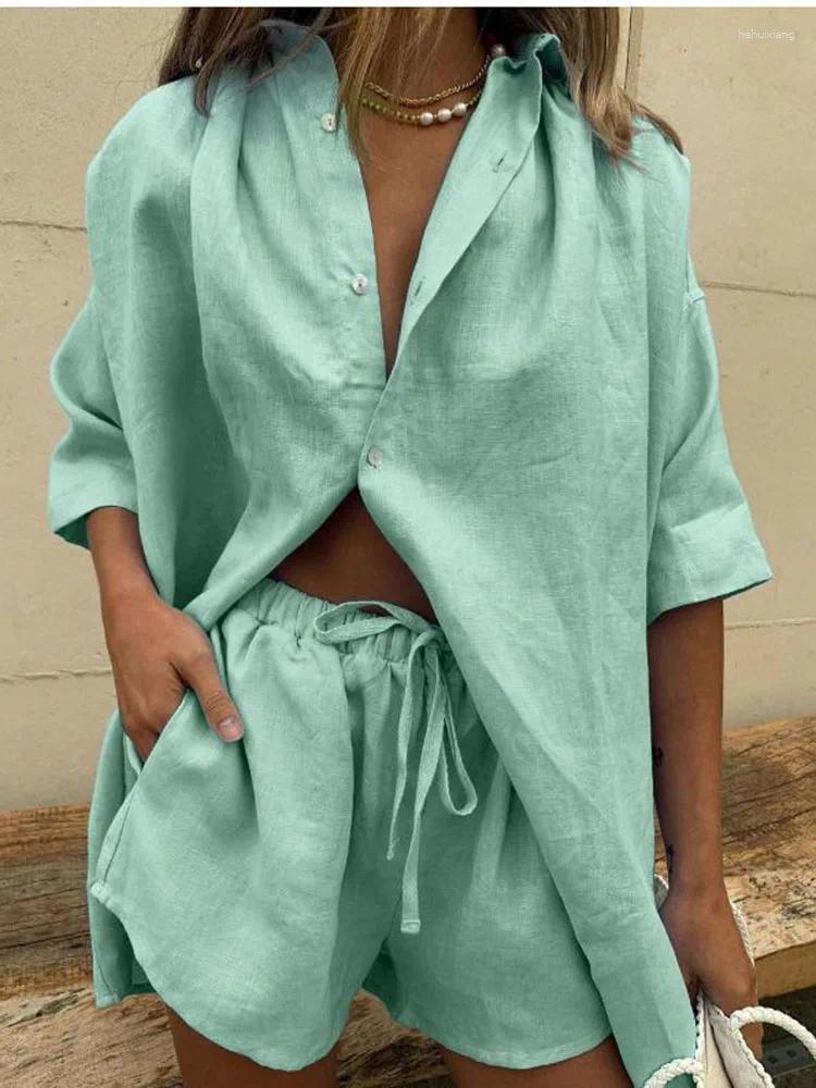Women's Tracksuits Loose Shirt Two Piece Sets 2024 Women White Clothes Set Half Sleeve V- Neck Button-up Drawstring Shorts For